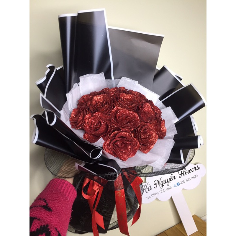 [QUÀ SINH NHẬT]- Bó hoa hồng sáp nhũ 15 bông cao cấp tặng kèm thiệp