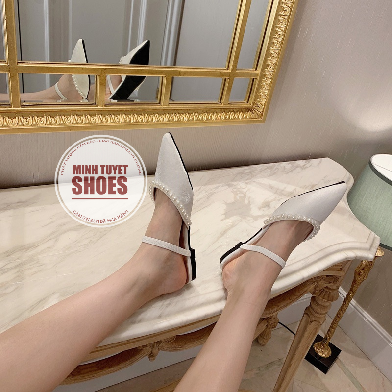 Giày sục nữ đế bằng quai ngang đính ngọc châu xinh xắn mẫu mới đi chơi đi tiệc Minhtuyetshoes