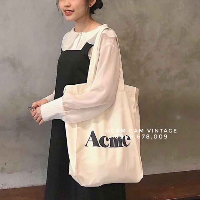 TÚI TOTE TRẮNG SỮA ĐÁY VUÔNG CỚ LỚN TÚI VẢI ULZZANG TÚI VẢI ĐEO VAI VINTAGE ACME