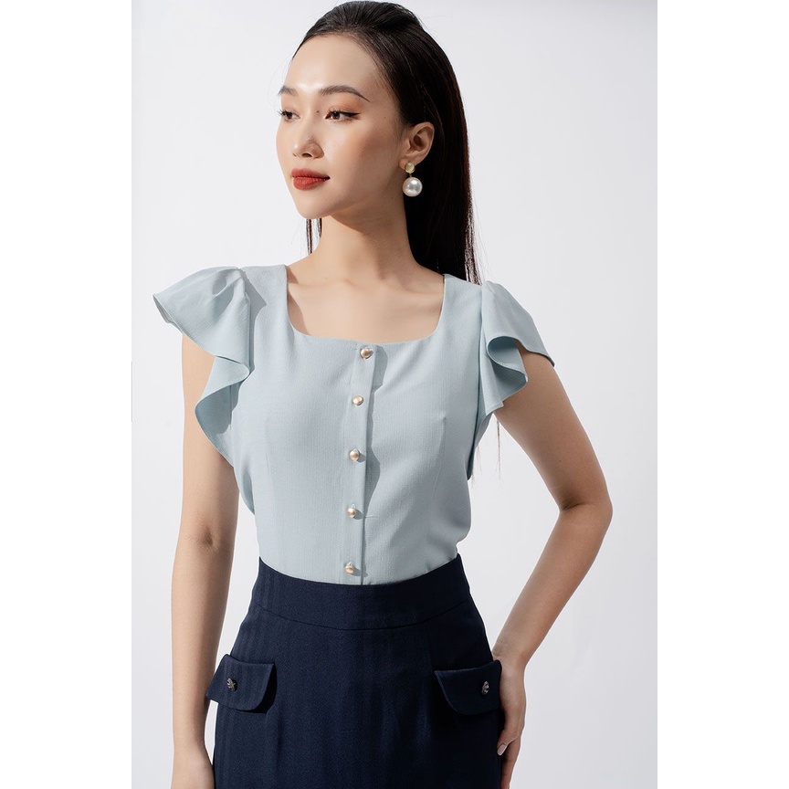 Áo sơ mi croptop, cổ vuông, tay bèo, mở cúc Fiona F550332