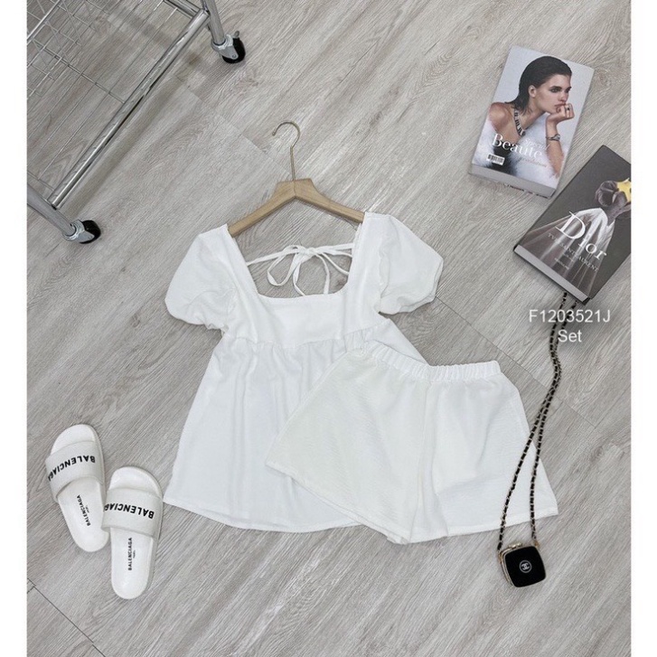 Bộ babydoll cổ hình vuông buộc dây chất đũi mát thiết kế tươi trẻ B5 Nội Y Xanh hàng đẹp trendy - nội y xanh