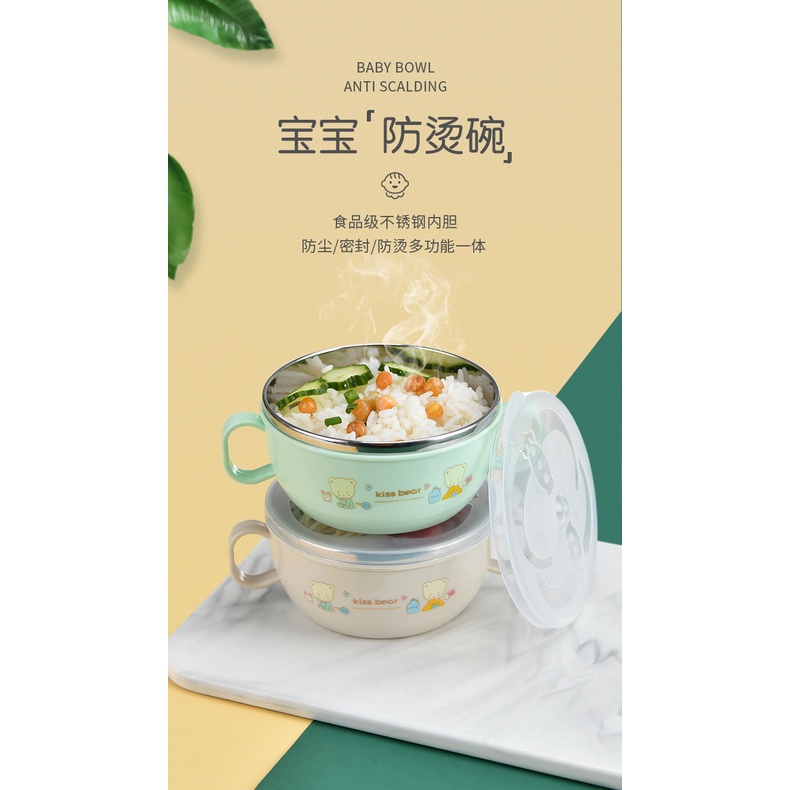 Set 3 Tô Cơm Bằng Thép Không Gỉ 304 Họa Tiết Hoạt Hình Dễ Thương Có Tay Cầm Cho Bé