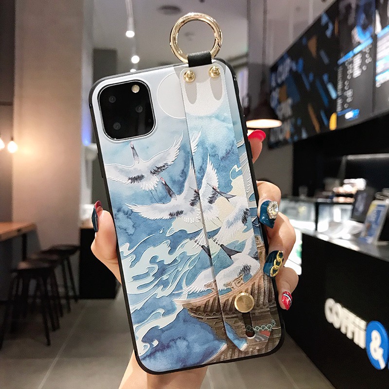 GNC| iPhone 11 Pro Max X XS SE 2020 6 6s 7 8 Plus XR White Crane Soft Case Full Cover+Wristband 514 523