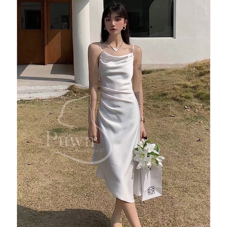 Váy lụa hai dây vạt chéo xếp li eo dự tiệc, prom quyến rũ, bí ẩn, sexy Puwn Shop