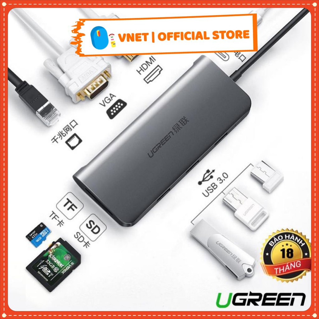 Bộ chuyển đổi đa năng USB Type C ra HDMI, VGA, USB 3.0, Lan, SD, USB-C Ugreen 40873 bảo hành 18 tháng