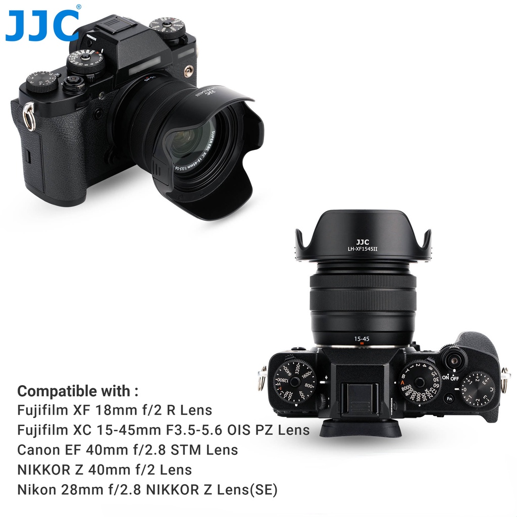 JJC Loa che nắng kèm vòng chuyển đổi ống kính máy ảnh Fujifilm XC 15-45mm F3.5-5.6 OIS PZ, XF 18mm f/2 R, CAN. EF 40mm f/2.8 STM, NIK. Nikkor Z 40mm f/2, 28mm f/2.8 Nikkor Z