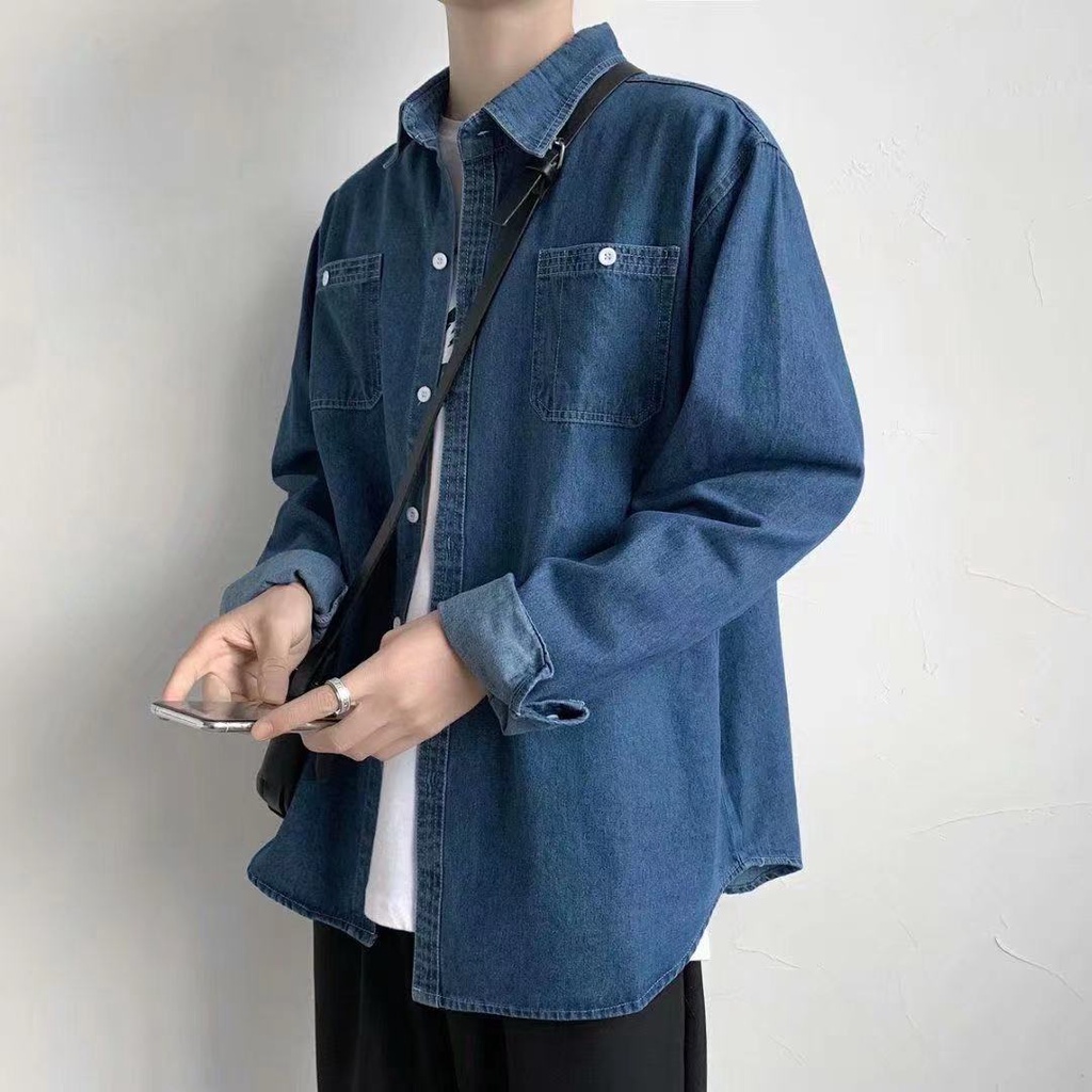 Áo Sơ Mi Denim Tay Dài Phong Cách Hong Kong Dành Cho Nam