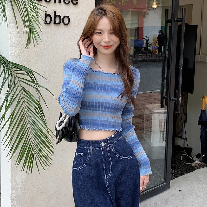 Áo Sweater Tay Dài Dáng Ôm Kẻ Sọc Cầu Vồng Hở Vai Quyến Rũ Cho Nữ