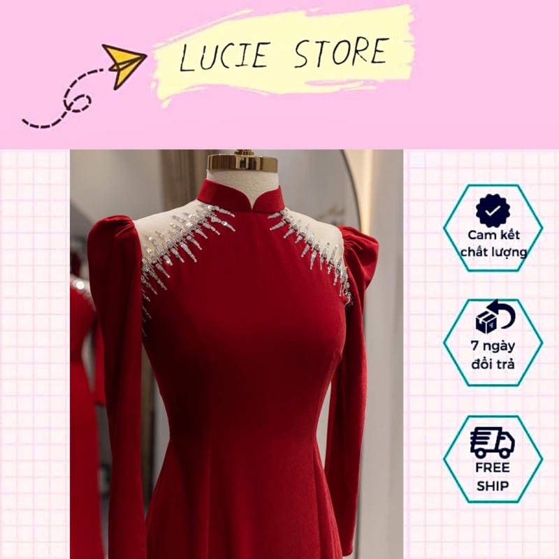 Áo Dài Cặp Dâu Rể, màu đỏ đính kết đá sáng lấp lánh.