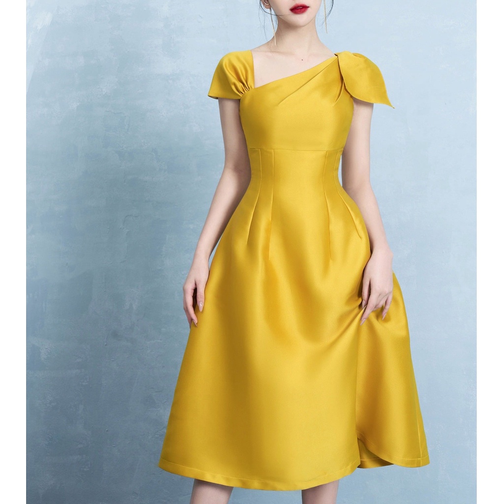 Đầm đi tiệc dáng xòe thiết kế cổ chéo đính nơ vai xinh xắn - T003