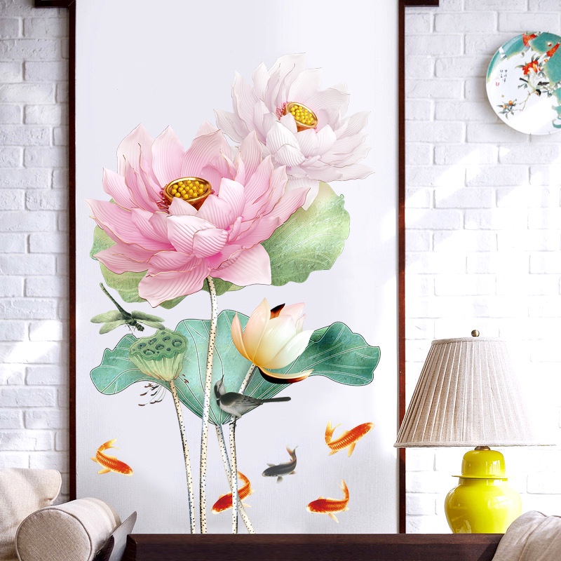 Tranh dán tường 3D Sen đại đóa, Tranh hoa sen KT 65x100cm, Decal trang trí phòng