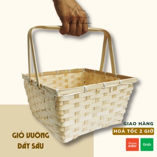 Giỏ vuông đan tre có quai xách, đáy sâu đựng thực phẩm trang trí