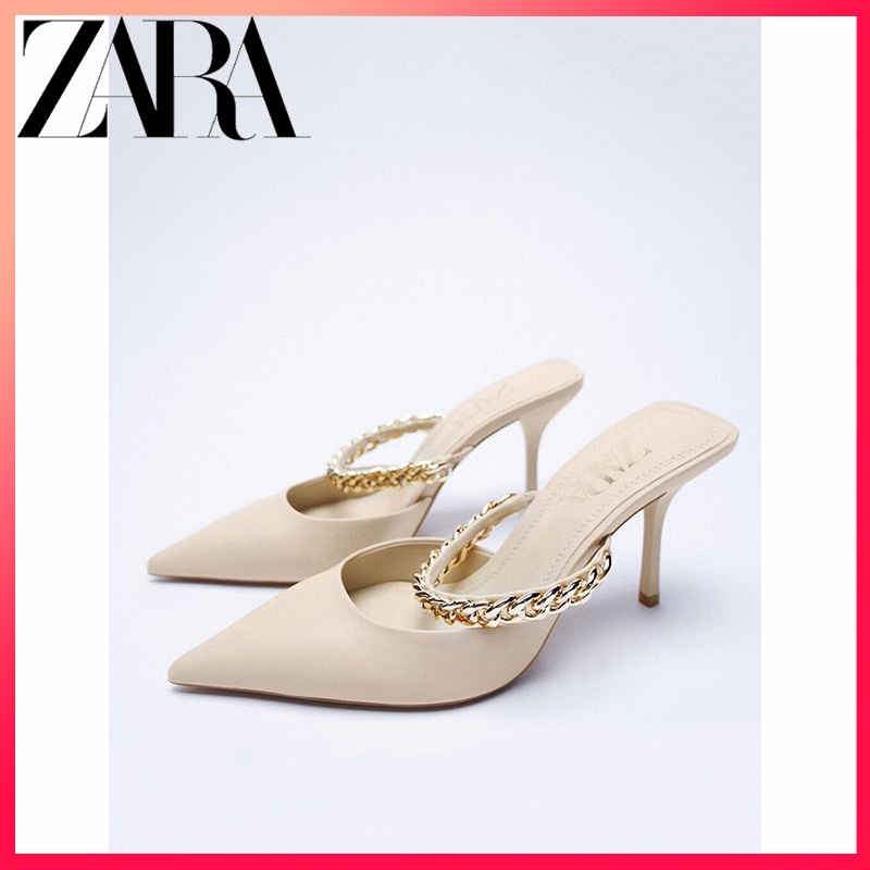 Zara Giày Cao Gót Mũi Nhọn Phối Dây Xích Kim Loại Thời Trang Dành Cho Nữ