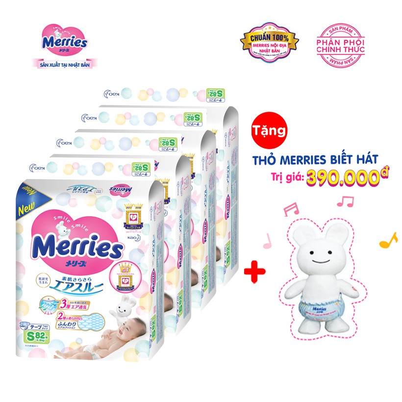 Mua 4 Tã/bỉm dán Merries Đủ Size NB90/S82/M64/XL44 - Tặng 1 thỏ Merries biết hát