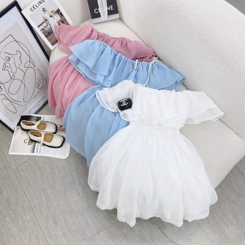 Đầm voan tơ bẹt vai 3 màu