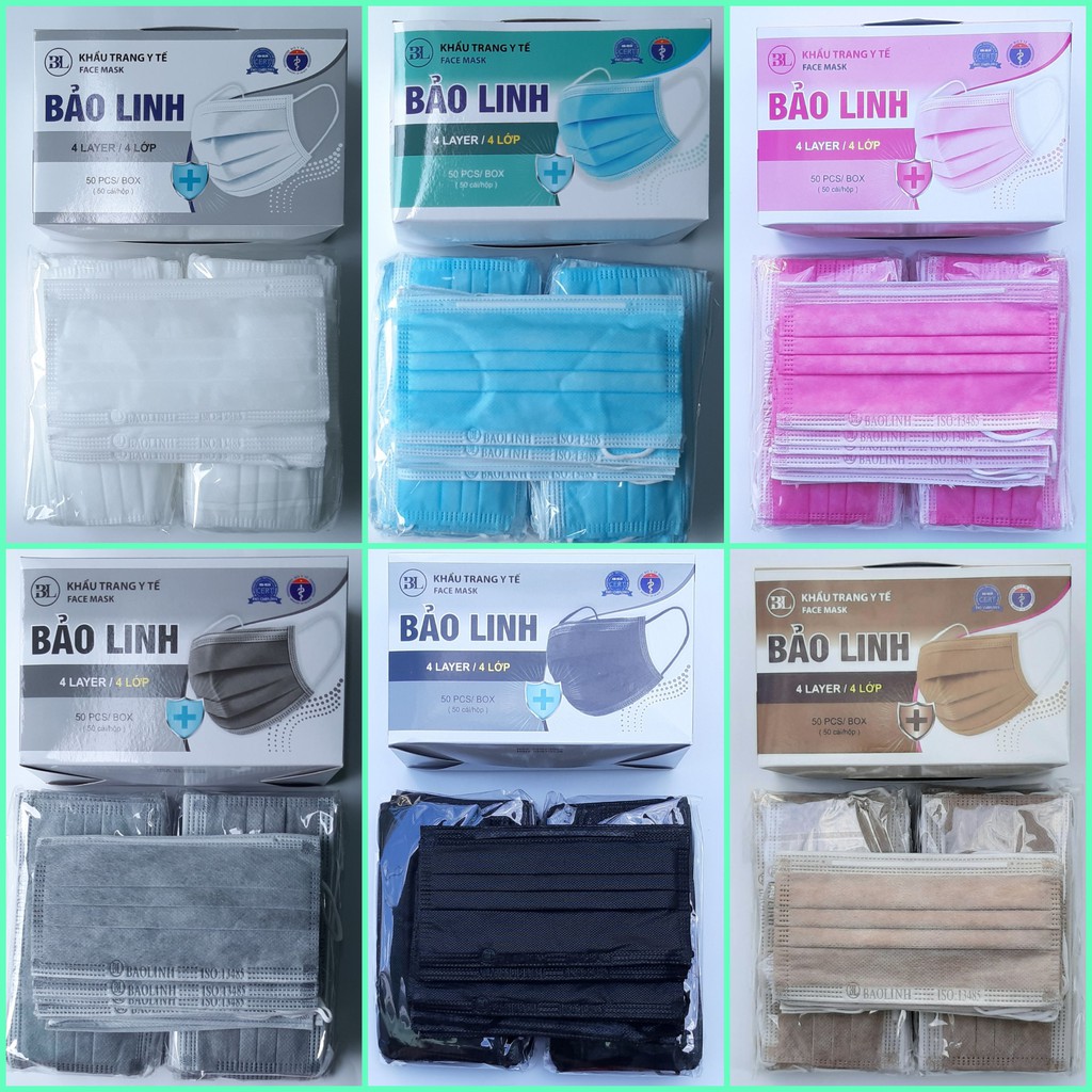[4 Lớp Dày] Khẩu Trang Y Tế Kháng Khuẩn Bảo Linh 1 hộp 50 cái- Nhiều Màu Xám Trắng Xanh Đen
