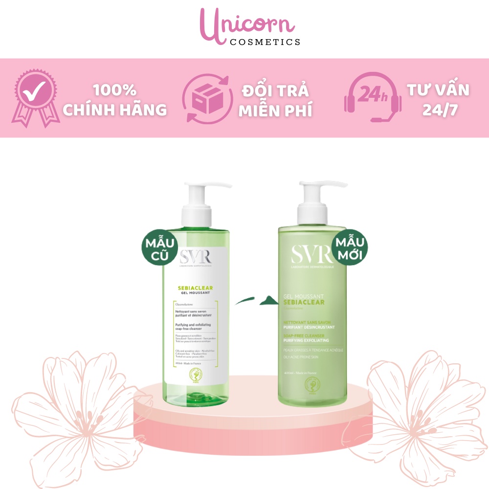 Sửa rửa mặt SVR chính hãng dạng gel trị mụn dành cho da dầu mụn nhạy cảm lành tính không chứa xà phòng 400ml Unicorn