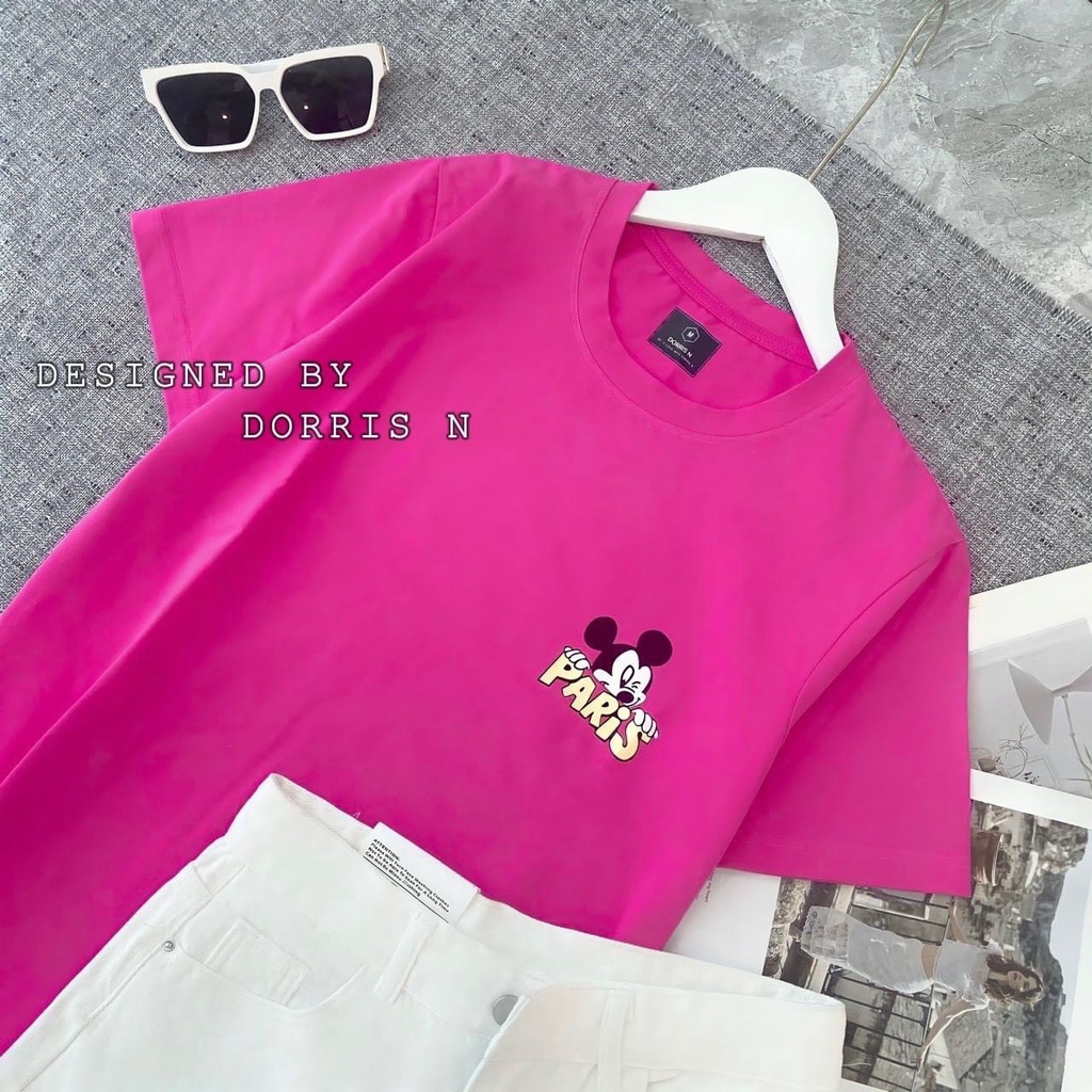 Áo Thun Nữ Ngắn Tay Cổ Tròn Họa Tiết Chú Chuột MICKEY Logo Chữ Paris Chất Vải Cotton Form Rộng Trẻ Trung Cá Tính