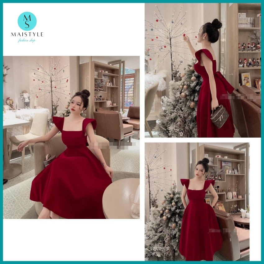 Đầm nữ MAISTYLE Váy nhung xòe tiểu thư đỏ 2 dây sang trọng dự tiệc MY1091 | BigBuy360 - bigbuy360.vn