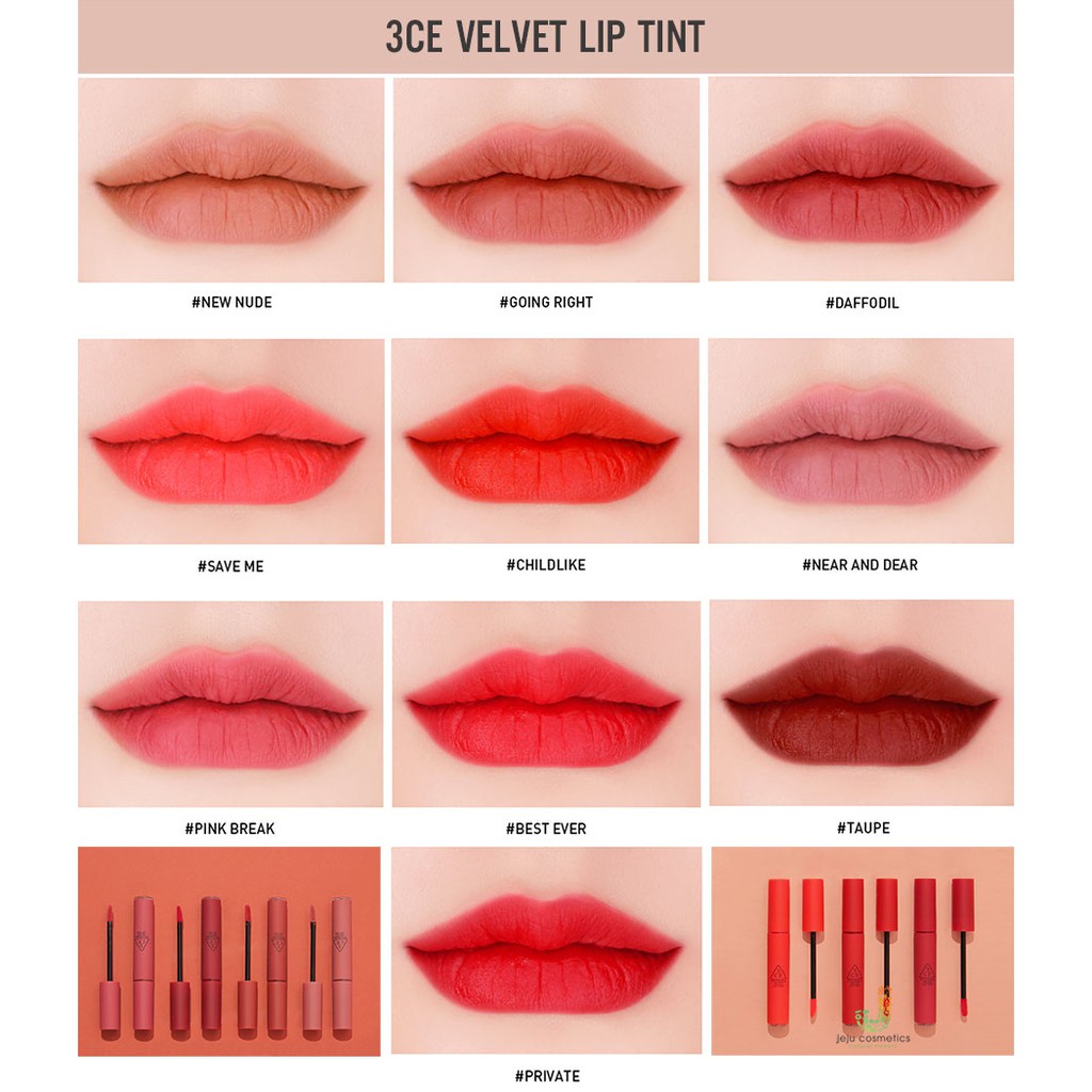 SON kem lì 3CE Velvet Lip Tint hàn quốc, bản new 2019 ( GIÁ TỐT NHẤT) tặng chổi đánh môi xịn