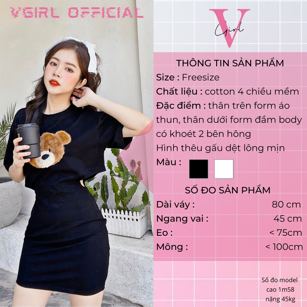 Đầm body khoét eo VGIRL phối tay áo thun kiểu dáng ôm hình thêu gấu Teddy dệt lông [ẢNH ĐỘC QUYỀN] | BigBuy360 - bigbuy360.vn
