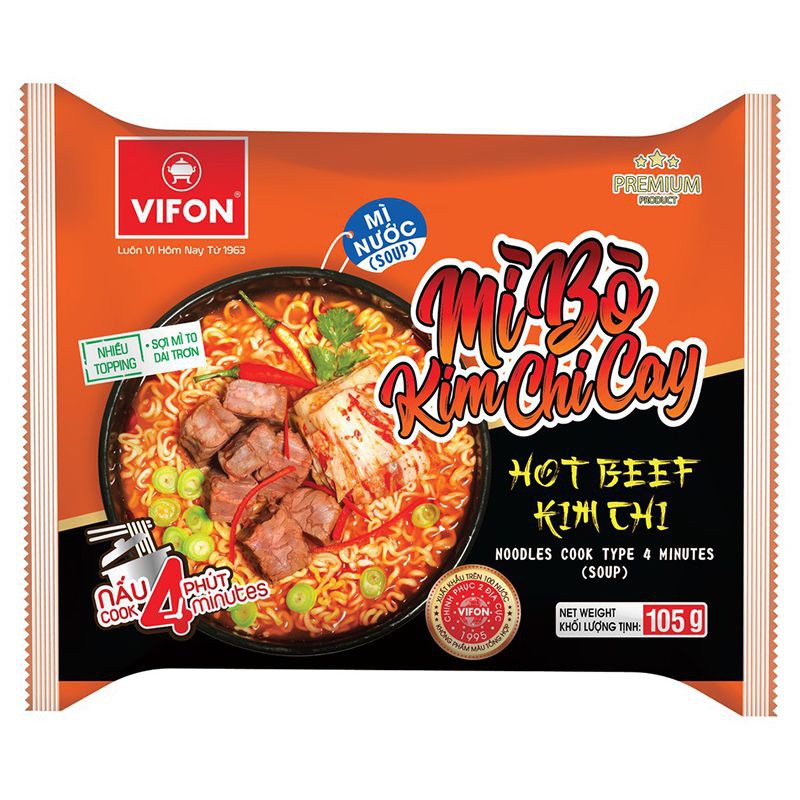 Mì Bò Kim Chi Cay Vifon Gói 105G sợi mì to tròn, dai trơn, thấm vị