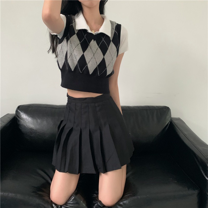 Áo gile len cộc tay croptop ôm dáng phong cách retro Hàn Quốc