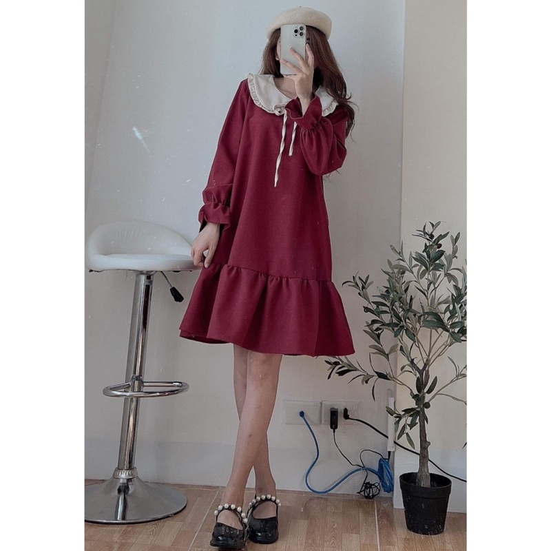 Váy nhung tăm dài tay dáng đuôi cá cổ bèo ngang Ulzzang | BigBuy360 - bigbuy360.vn