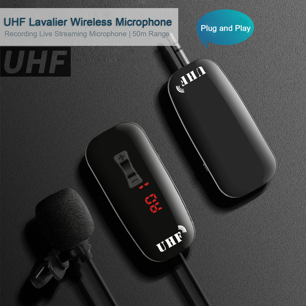 UHF Lavalier Lapel Wireless Microphone Recording Live Streaming Microphone Transmitter Receiver 50m Working Range Compatible with Camcorder Smartphone Laptop PC