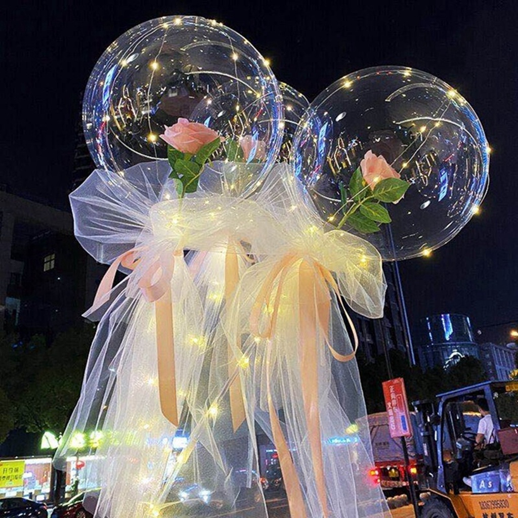 INSTORE Christmas Artificial Flower Mother's Day Luminous Balloon Bobo Balloons Party Decoration Rose Bouquet Transparent Happy Birthday DIY Glowing LED String/Multicolor