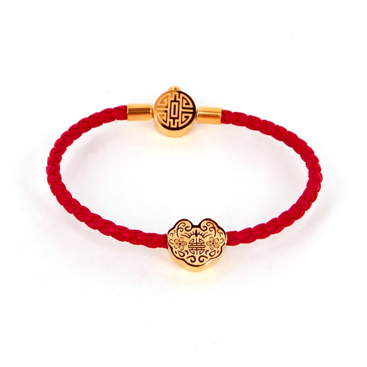 Vòng tay dây da cao cấp màu đỏ khóa trường thọ may mắn cho người đeo