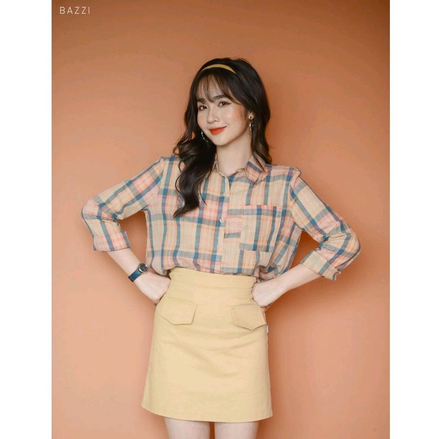 Áo sơ mi nữ oversize công sở cổ đức xanh than dài tay basic thiết kế Bazzi-ẢNH THẬT TỰ CHỤP