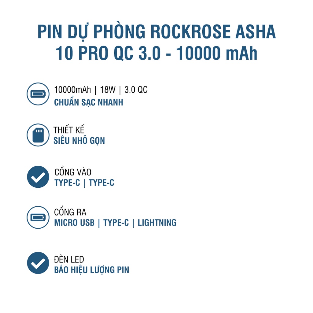 Sạc Dự Phòng Mini Siêu Nhỏ 10000mAh ROCKROSE Asha 10 Neo QC 3.0 - Cổng USB A/ Type C Sạc Cho Iphone/ Android