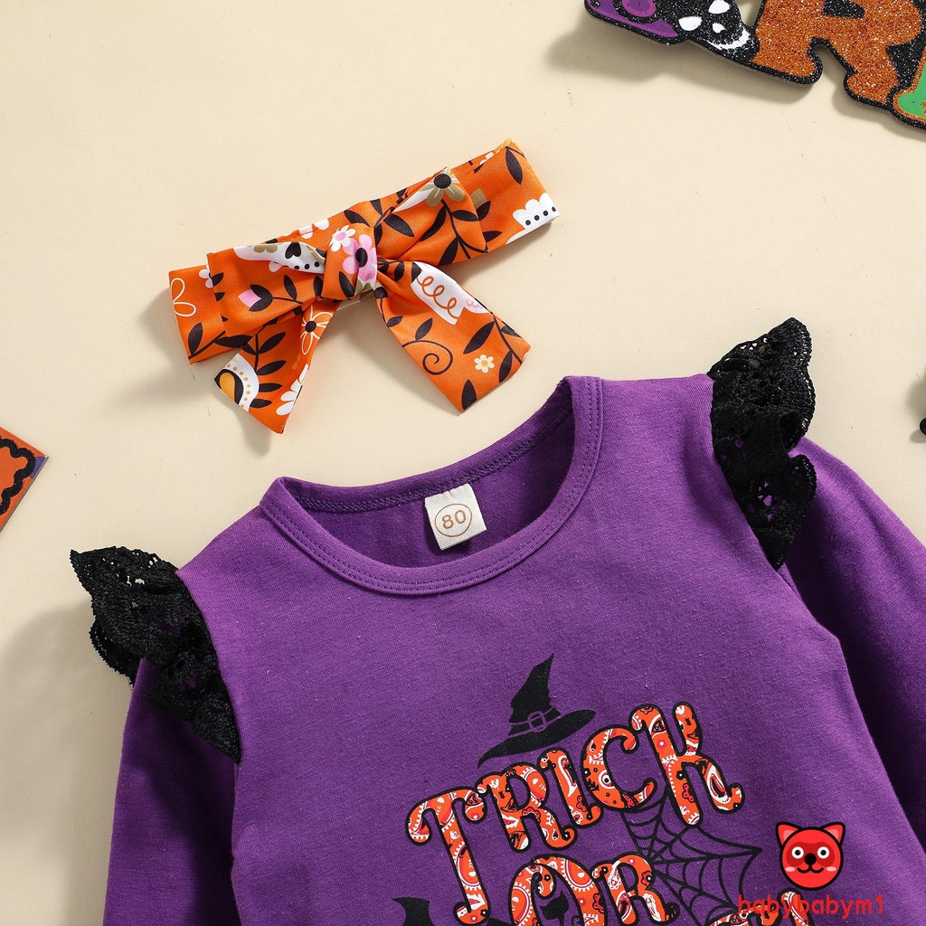 Bộ 3 Món Áo + Chân Váy + Băng Đô In Họa Tiết Hoa / Đầu Lâu Halloween Cho Bé Gái