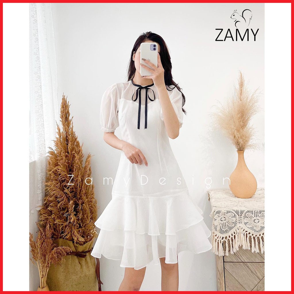 Váy đầm đẹp TK xòe tơ thắt nơ dạo phố, dự tiệc