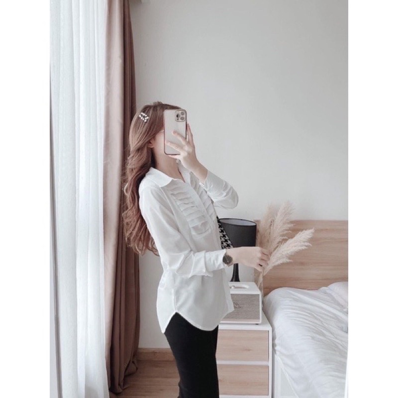 Áo sơ mi nữ công sở dài tay màu trắng phối sọc ngang  kiểu hàn tiểu thư đẹp-Áo sơ mi trắng xếp ly 2 bên_016