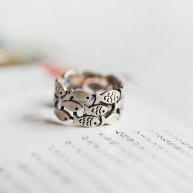 Nhẫn cưới bằng bạc 925 hình cá có thể điều chỉnh kích cỡ