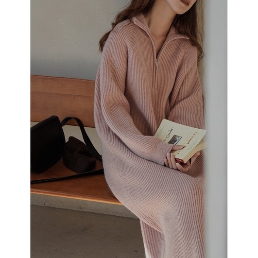 Đầm Dệt Kim Tay Dài Dáng Rộng Cổ POLO Dễ Phối Đồ