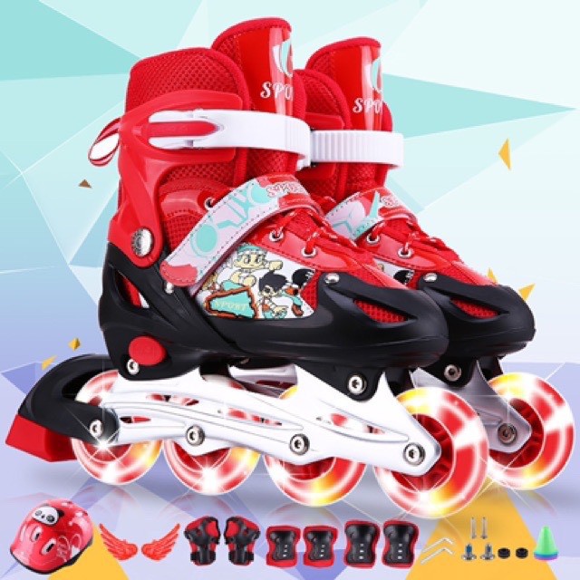Giày patin trẻ em bánh xe phát sáng màu đỏ [ Tặng full bộ bảo hộ ]freeship+voucher giảm giá