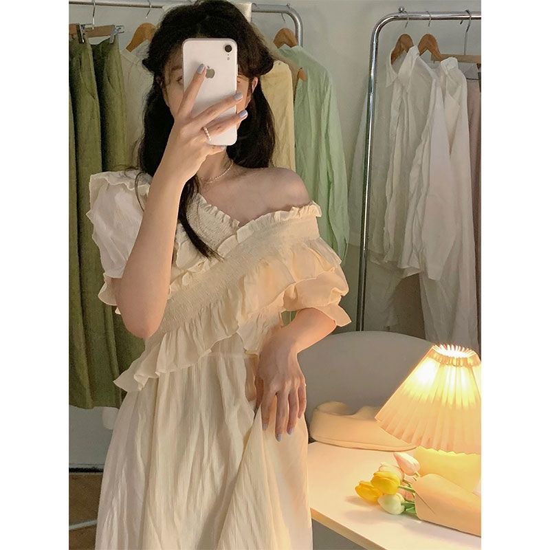 (SẴN S, M, L) Đầm maxi trễ vai xếp ly tay ngắn cổ chữ V phong cách Hàn Quốc cho nữ