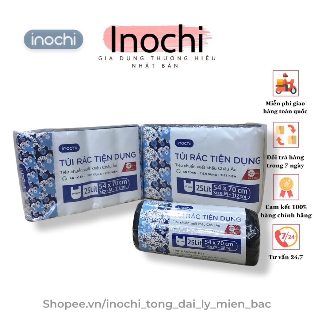 Túi đựng rác tự phân hủy 4 cuộn sinh học Inochi Loại có quai Màu Đen Dài Hơn 20% 10L 25L 50L cho thùng rác