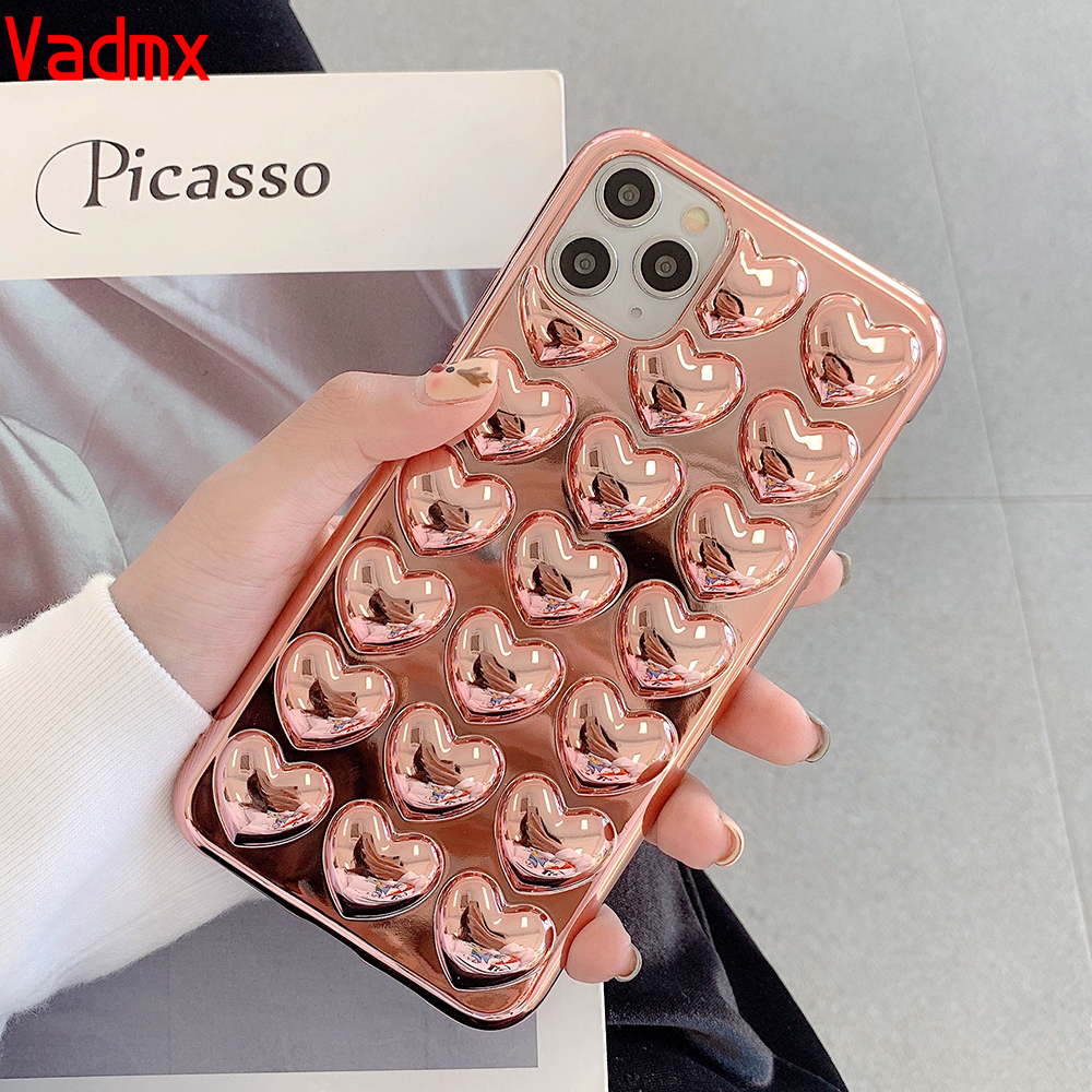 Ốp điện thoại TPU mềm màu tron họa tiết trái tim 3D cho Iphone 12 11 Pro Max Xr X Xs Max 7 8 6s Plus