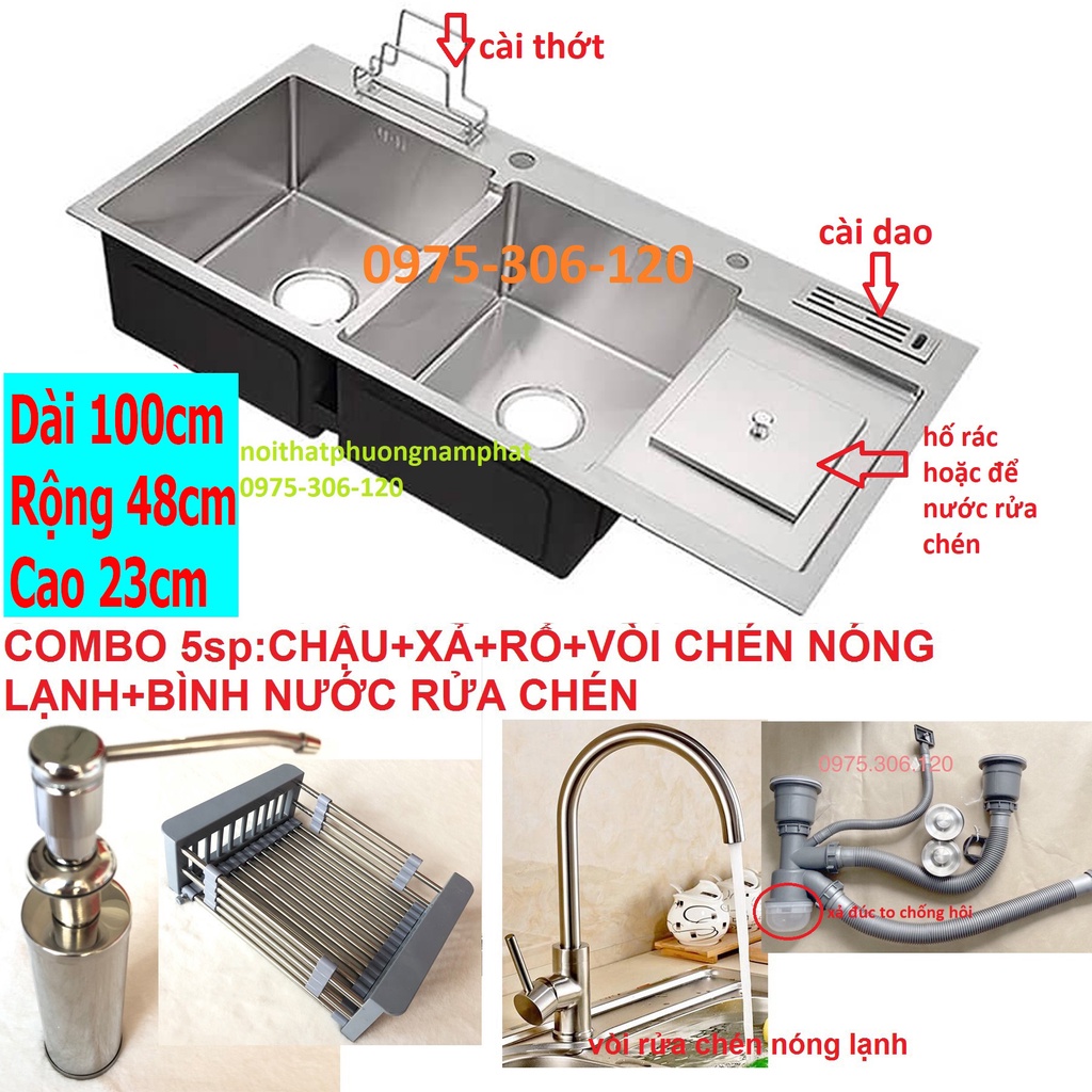 [Chậu Đúc] Combo Chậu Rửa Chén Bát INOX SUS 304 N3 10048 NA.GRAND và Xả và Rổ và Vòi chén nóng lạnh và Bình rửa chén