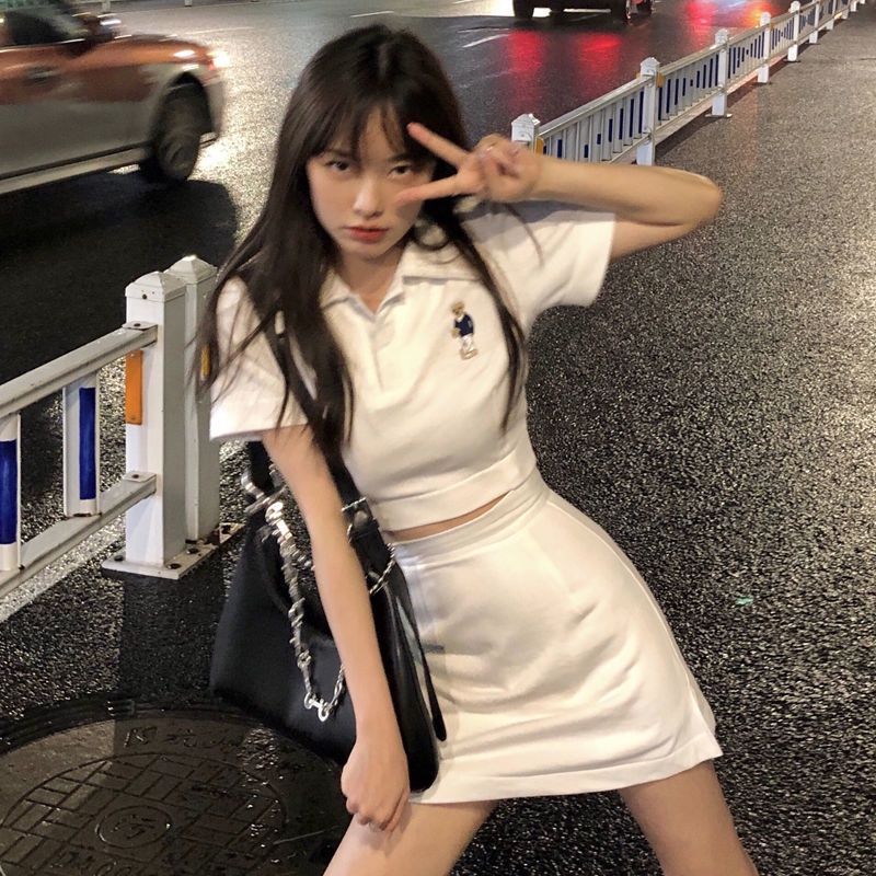 COZOKC COZOK Bộ áo thun ngắn tay + chân váy COZOK lưng cao thời trang xinh xắn đáng yêu cho nữ