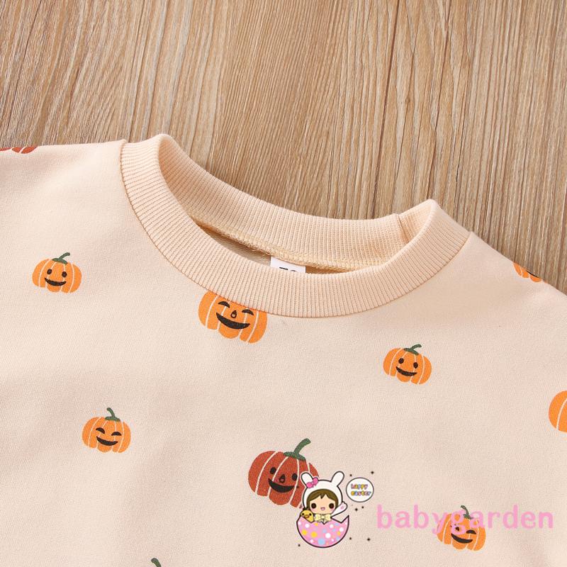 Áo Liền Quần Tay Dài Cổ Thuyền In Hình Bí Ngô Halloween Cho Bé 3-18 Tháng Tuổi