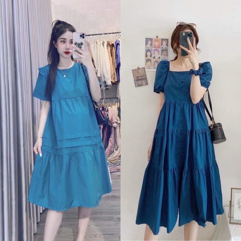 Đầm váy Bầu màu xanh công sở dự tiệc, thiết kế cổ vuông sang chảnh kiểu dáng thời trang đẹp rẻ