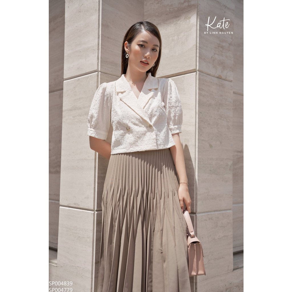 Áo croptop tằm ép trắng kem 4839 chân váy xếp ly lá nâu 4779 thời trang thiết kế KATE By Linh Nguyen