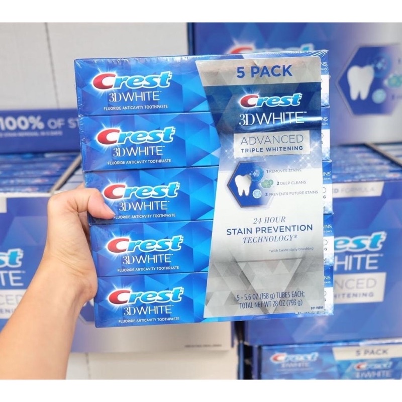 Kem Đánh Răng Crest 3D White Advanced Tripple Whitening 158G Loại Bỏ Vết Bẩn, Trắng Răng