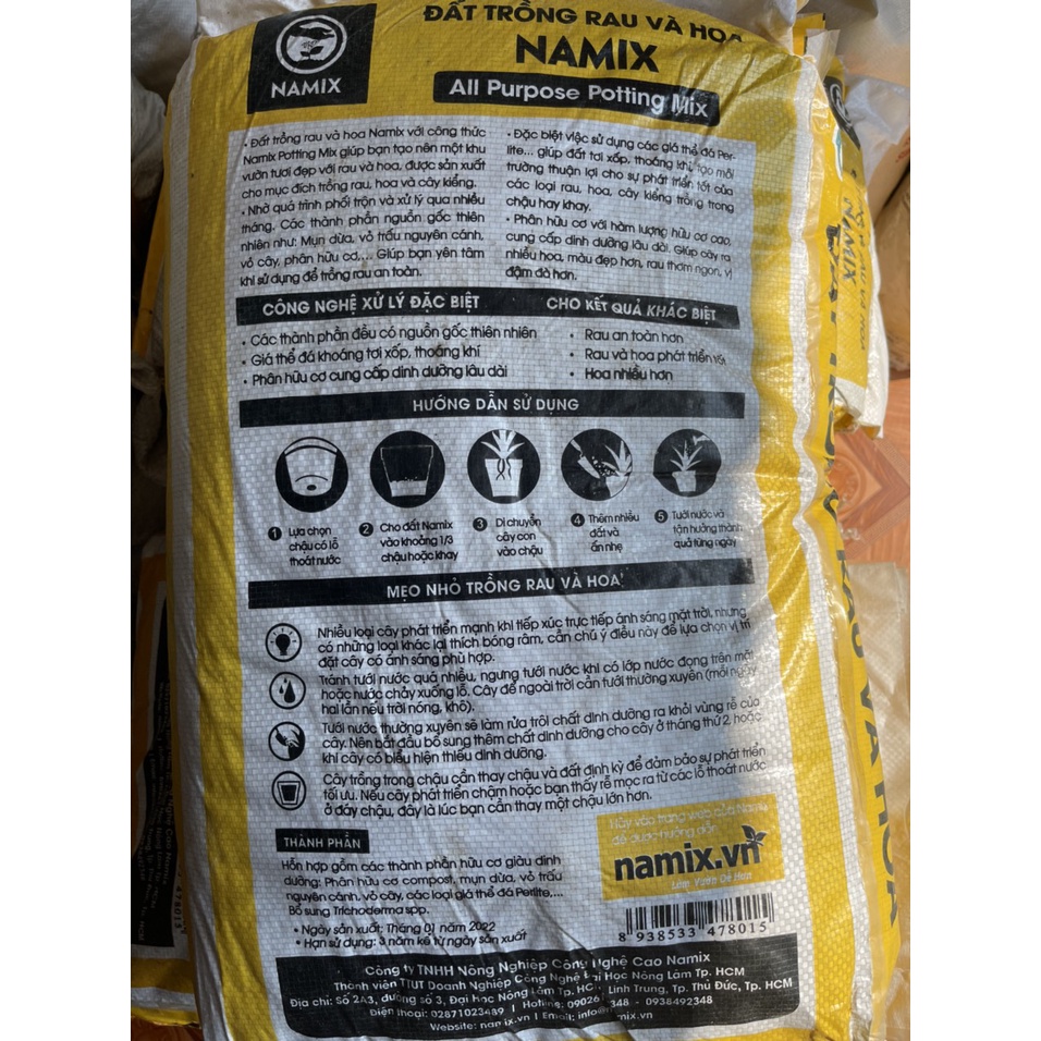 Đất trồng rau sạch, hoa cây cảnh treo ban công, sân thượng,  đất trồng Namix túi 5dm
