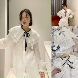 Áo sơ mi bèo cột nơ ánh kim form dài giấu quần